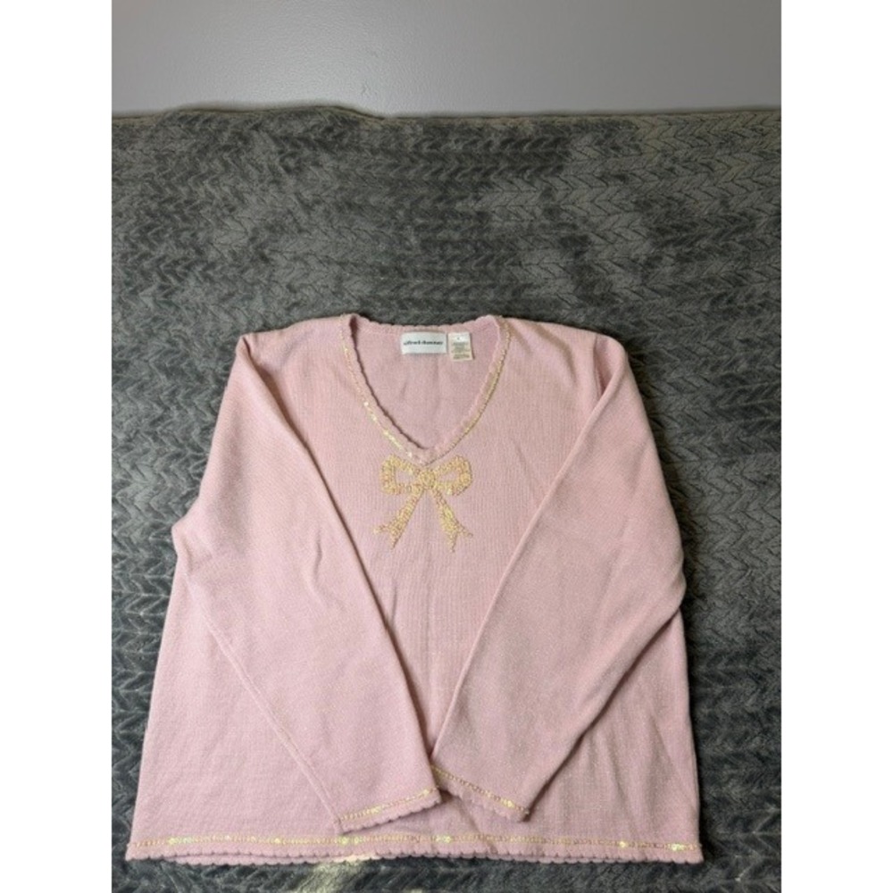Alfred Dunner Pink Sequin Bow V-Neck Metallic Knit Sweater XL Vintage Style 0345